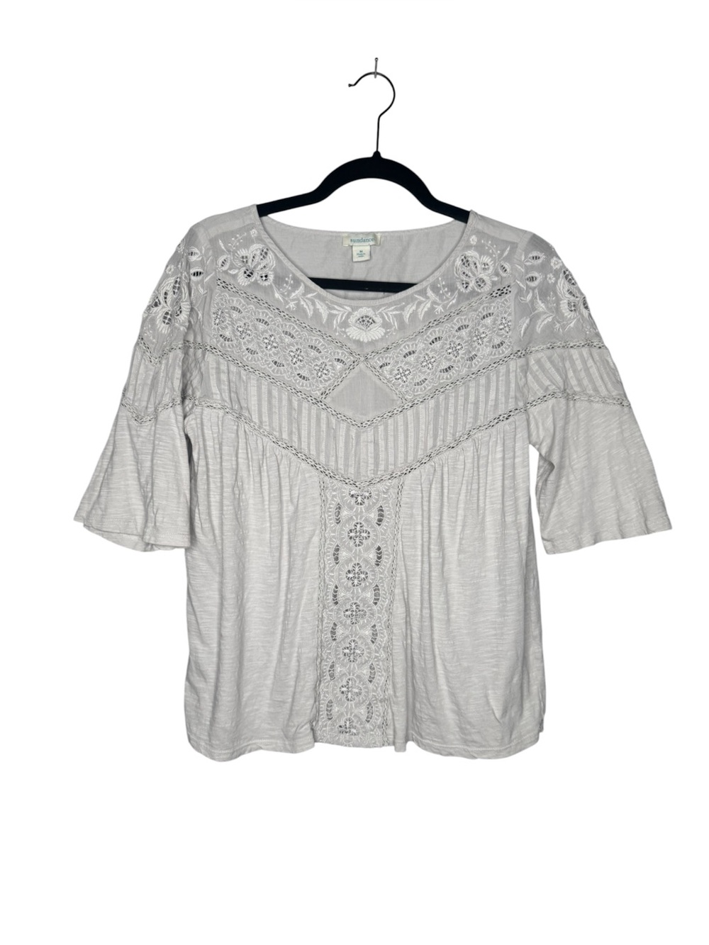 Sundance women's floral embroider 3/4 sleeves cream/white top boho casual fairy